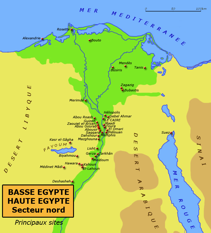 Egypte : carte du Delta, de la Basse Egypte et de la partie Nord de la Haute Egypte. (Site Egypte antique)