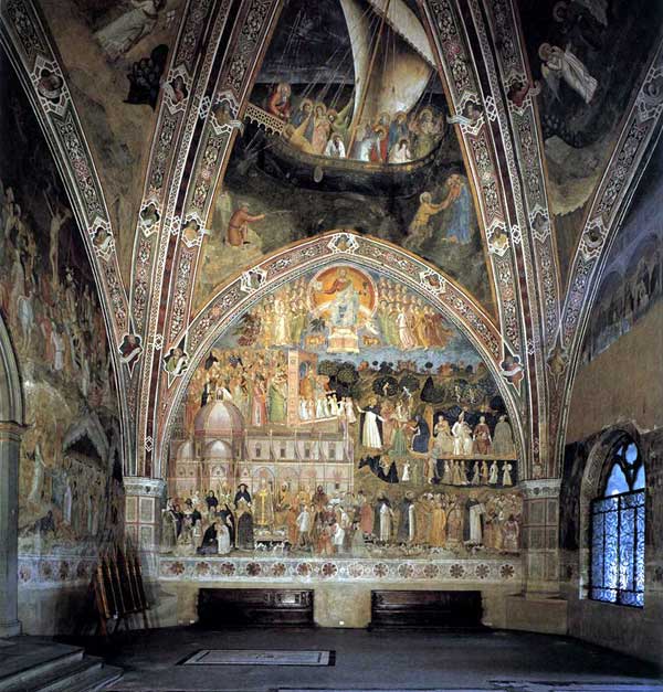 Andrea di Bonaiuto : le triomphe de l’église et la Navicella 1365-1368. Fresque. Florence, Cappella Spagnuolo de Santa Maria Novella
