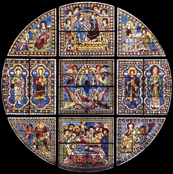 Duccio : vitrail de l’abside de la cathédrale. 1288. Verre, diamètre, 700 cm. Sienne, Dôme