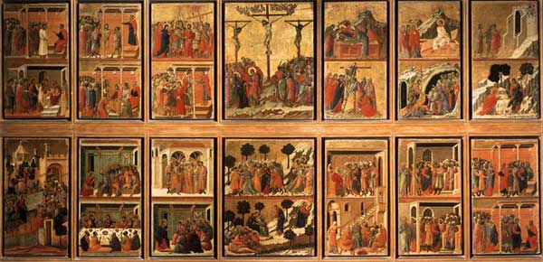  Duccio : Le récit de la Passion. Façade postérieure de la Maestà. 1308-1311. Tempera sur bois, 212 x 425 cm. Sienne, musée de l’Œuvre du Dôme