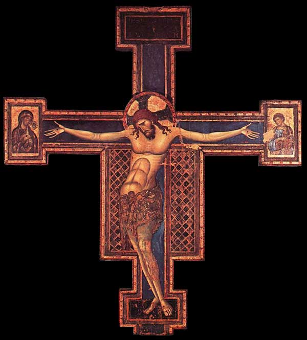 Giunta Pisano : Crucifixion. 1240s. Tempera sur bois, 316 x 285 cm. Bologne, San Domenico