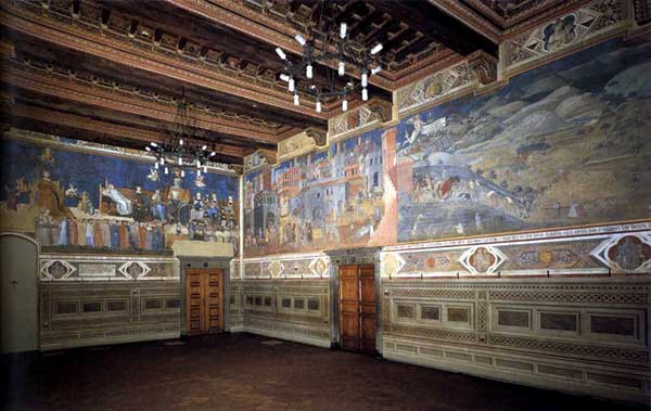 Ambrogio Lorenzetti : Les effets du bon et du mauvais gouvernement : vue générale des fresques. 1338-1340.Sienne, Palais Public, salle du conseil des Neufs