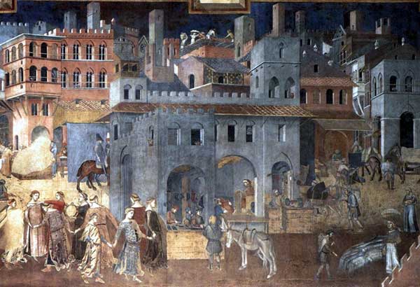 Ambrogio Lorenzetti : Les effets du bon gouvernement sur la vie de la cité (détail). 1338-1340.Fresque. Sienne, Palais Public