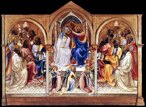 Lorenzo Monaco : le couronnement de la Vierge avec saints. Vers 1414. Tempera à l’oeuf sur peuplier, 182 x 105 cm (gauche), 217 x 115 cm (centre), 179 x 102 cm (droit). Londres, National Gallery