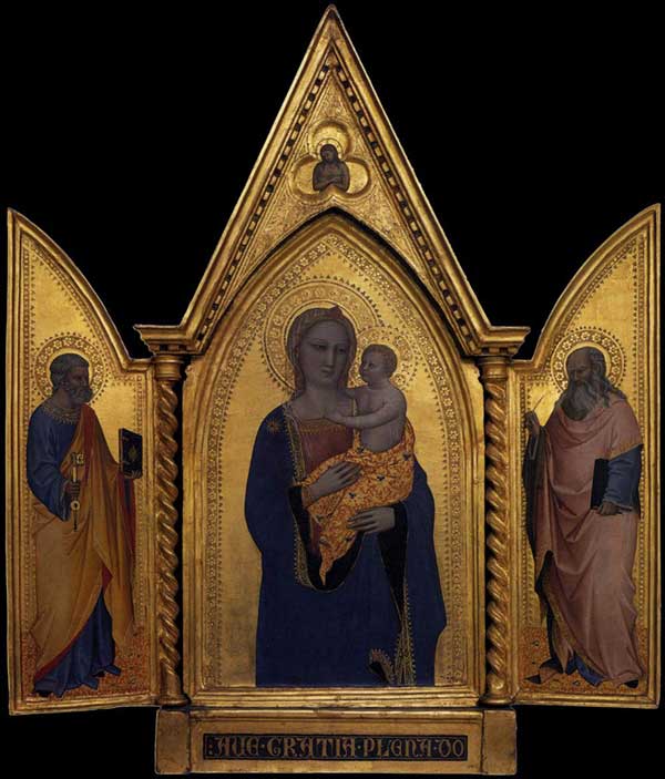 Nardo di Cione : Madone et enfant avec saint Pierre et saint Jean l’évangéliste. Vers 1360. Tempera sur panneau de bois, 49,1 x 15,3 cm. Washington, National Gallery of Art