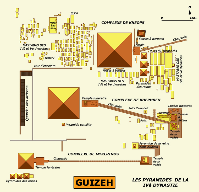 Guizeh : plan général des pyramides de la IVè dynastie et de leurs complexes funéraires. (Site Egypte antique)