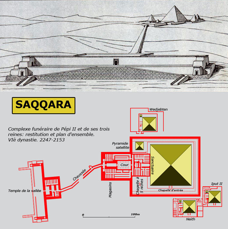 Saqqara : le complexe funéraire de Pépi II, avec ses pyramides, son temple funéraire et son temple du bas. VIè dynastie.  (Site Egypte antique)