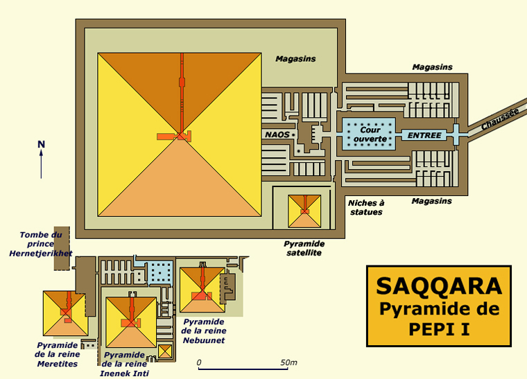 Saqqara : plan de la pyramide de Pépi I Mérirè et des pyramides des reines. (Site Egypte antique)