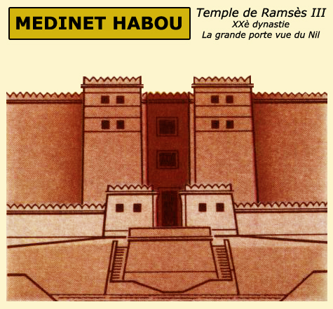 Medinet Habou : restitution de la grande porte de l’enceinte du temple palais de Ramsès III vue du Nil. (Site Egypte antique)