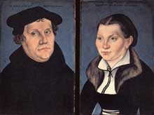 Lucas Cranach le Vieux : Portrait de Luther. Détail d’un double portrait représentant le réformateur et Catherine Bore. 1529. Huile sur bois 37x23cm (chaque portrait). Florence, galerie des Offices