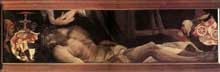 Le Christ mort. Avant 1523. Huile sur panneau de pin, 36 x 136 cm. Aschaffenbourg, collégiale