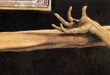 Retable d’Issenheim. Polyptyque fermé. La Crucifixion : détail : la main droite du crucifié.Vers 1515. Huile sur bois. Colmar, Musée Unterlinden