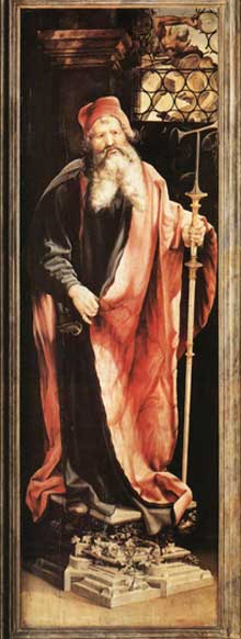 Retable d’Issenheim. Polyptyque fermé. Saint Antoine l’Ermite. Détail. Vers 1515. Huile sur bois. Colmar, Musée Unterlinden