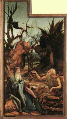 Retable d’Issenheim. Polyptyque ouvert II : Saint Antoine rend visite à saint Paul dans le désert. Vers 1515. Huile sur bois. Colmar, Musée Unterlinden
