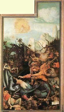 Retable d’Issenheim. Polyptyque ouvert II : La Tentation de saint Antoine. Vers 1515. Huile sur bois, 265x141 cm. Colmar, Musée Unterlinden