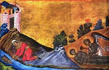 Moïse sauvée par la fille du Pharaon et Moïse expirant accueilli par un ange. Manuscrit du « Ménologe de Basile II ». XIè. Rome, Bibliothèque vaticane