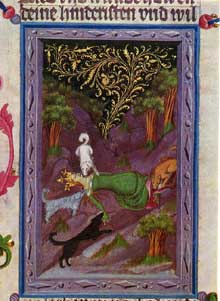 La Bible de Wenceslas : la reine Jézabel dévorée par les chiens. Vers 1390-13955, Vienne, Bibliothèque Nationale