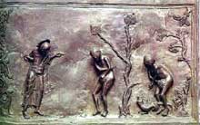 Hildesheim : la porte de Bronze de l’évêque Bernward : Adam et Eve au paradis. 1015