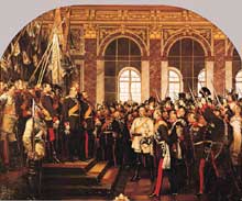 Versailles, Galerie des Glaces, le 18 janvier 1871 : proclamation du second Reich, par Anton von Werner. Le processus de l’unification de l’Allemagne bismarckienne se réalise… et donne en même temps naissance au revanchisme français