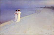 Peter Severin Kröyer (1851-1909) : soir d’été, plage de Skagen avec Anna Ancher et Marie Kröyern. 1893. Huile sur toile, 150 x 100cm