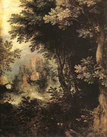 Gillis van Coninxloo (1544-1607) : paysage. Huile sur cuivre, 24 x 19 cm. Madrid, musée du Prado