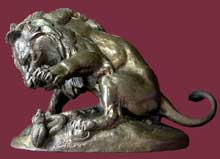 Antoine Barye : Lion au serpent à la patte levée. Esquisse du lion des Tuileries. 1835. Bronze, 18 x 10cm. Paris, musée du Louvre