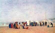 Eugène Boudin : Sur la plage de Trouville. 1860. Huile sur toile, 29 x 48 cm. Minneapolis Institute of Arts, Minneapolis