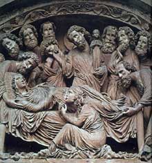 Strasbourg, cathédrale : portail sud du transept : tympan de la mort de la Vierge