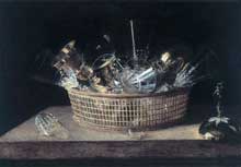 Stoskopff Sébastien : Nature morte aux verres dans un panier. 1664. Huile sur toile, 52 x 63 cm. Strasbourg, musée de l’œuvre Notre Dame. (Histoire de l’art)