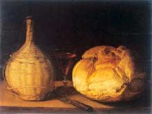 Stoskopff Sébastien : Nature morte au pain et à la bouteille. Huile sur bois, 42 x 55cm. Collection privée, Danemark. (Histoire de l’art)