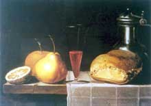 Stoskopff Sébastien : Nature morte aux fruits, pain, cruche et verre. Huile sur bois, 27,5 x 36,5cm. Collection privée. (Histoire de l’art)