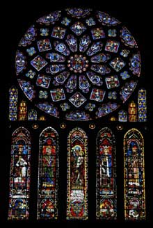 Chartres: cathédrale Notre Dame : vitrail du transept nord : mort et glorification de la Vierge