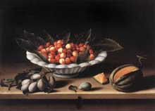 Louise Moillon : coupe de cerises et melon. 1633. Huile sur toile, 48 x 65cm. Paris, Musée du Louvre