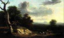Lazare Bruandet (1755-1804) : Paysage avec carrosse. Huile sur toile, 41 x 67,5 cm. Collection privée