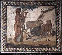 Mosaïque représentant une scène pastorale, d’après une peinture de Pausias de Sicyone. Musée de Corinthe. (Art grec)
