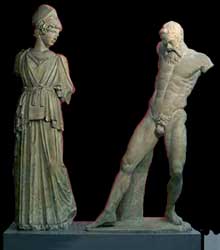 Myron dEleuthères : reconstitution du Détail du groupe dAthéna et de Marsyas. Copie romaine. Rome Museo Barraco. (Art grec)
