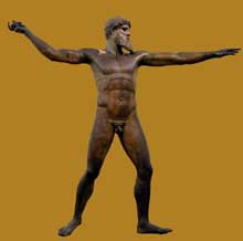 Poséidon (ou Zeus ?) dHistiaea, repêché au Cap Artémision en 1929. uvre de Calamis ou Onatas dEgine. Vers 460. Bronze, 209 cm. Athènes, Musée archéologique national. (Art grec)