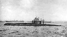 Un U-boot allemand au début de la guerre. En 1914, les Allemands possèdent 28 sous marins. Ils en construiront plus de 400 durant toute la guerre