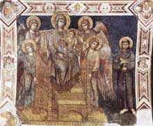 Cimabue. Madone en gloire avec l’Enfant, saint François et quatre anges. 1278-1280. Fresque, surface totale : 320 x 340 cm. Assise, église inférieure saint François