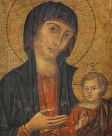 Cimabue : La Maesta, Madone en majesté (1285-1286), tempera sur panneau, 385 x 223cm. Florence, galerie des Offices. Détail