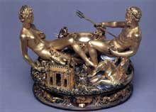 Benvenuto Cellini : Salière pour François I. 1540-1444. Or, émail et ivoire. 26 x 33,5cm. Vienne, Kunsthistorisches Museum