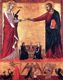 Barna da SienaÂ : Le mariage mystique de sainte Catherine. 1340. Tempera sur panneau, 134,8 x 107,1cm. Boston, Museum of Fine Art