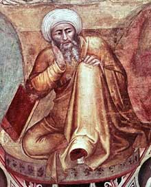 Andrea di Bonaiuto : le triomphe de saint Thomas et l’allégorie des sciences, détail : Averroès sous le trône de saint Thomas. 1365-1368. Fresque. Florence, Cappella Spagnuolo de Santa Maria Novella