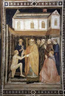 Capanna Puccio : Saint Stanislas réssuscite un mort. Vers 1338. Fresque. Assise, église inférieure Saint François