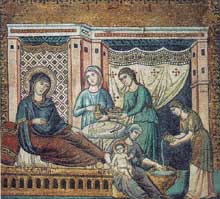 Pietro Cavallini : Mosaïque de la nativité de la Vierge. 1291. Rome, Sainte Marie in Trastevere