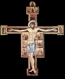 Coppo di Marcovaldo : Crucifix. Après 1261. Tempera sur bois, 296 x 247 cm. San Gimignano, Pinacoteca Civica