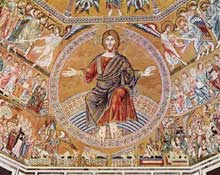 Coppo di Marcovaldo : Le Christ en majesté. Mosaïque de la voûte. Vers 1300. Florence, Baptistère