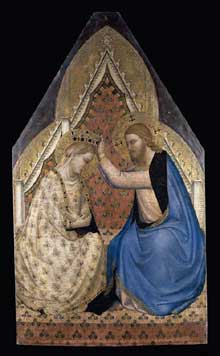 Bernardo Daddi : Le couronnement de la Vierge. Entre 1430 et 1450. Tempera sur panneau de bois, fond or, 112 x 65 cm. Londres, National Gallery