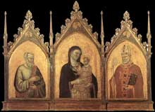 Bernardo Daddi : Madone et enfant avec les saints Matthieu et Nicolas. 1328. Tempera sur bois, 144 x 194 cm. Florence, les Offices