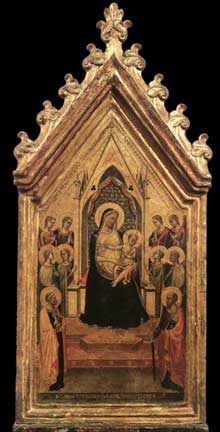 Bernardo Daddi : Madone et enfant trônant avec anges et saints. 1334. Tempera sur bois, 56 x 26 cm. Florence, les Offices